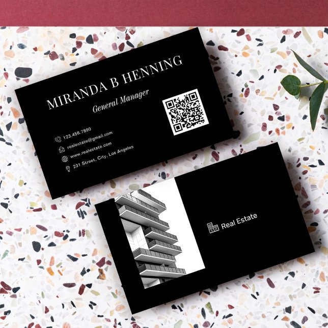 Black Professional Real Estate Agent Photo QR Code Visitenkarte (Von Creator hochgeladen)