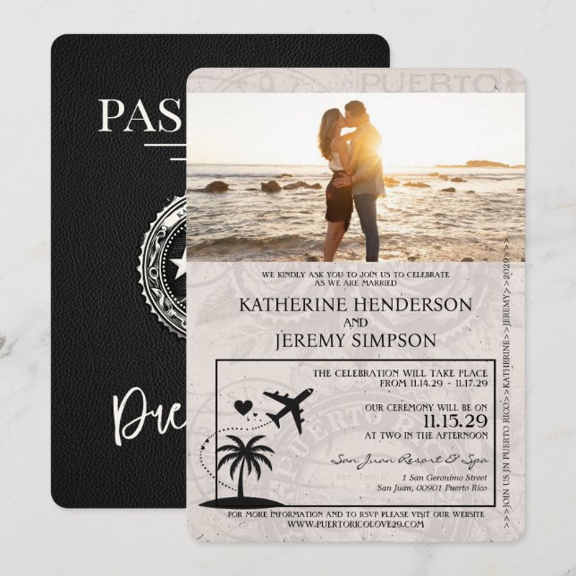 Black Puerto Rico Passport Hochzeit Einladung (Vorne/Hinten)