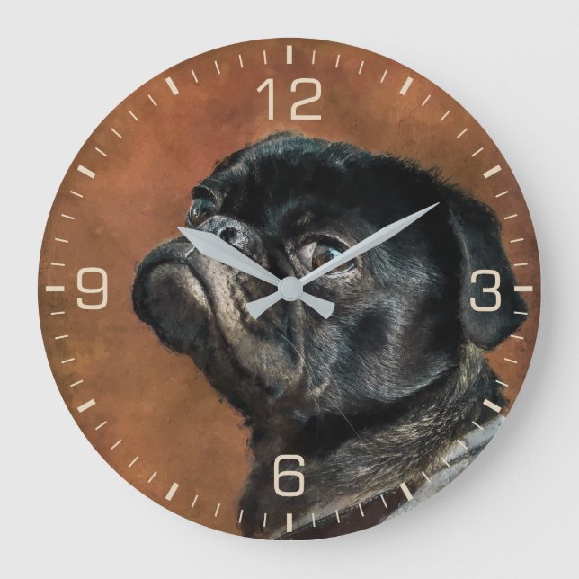Black Pug Dog Foto Große Wanduhr (Vorderseite)