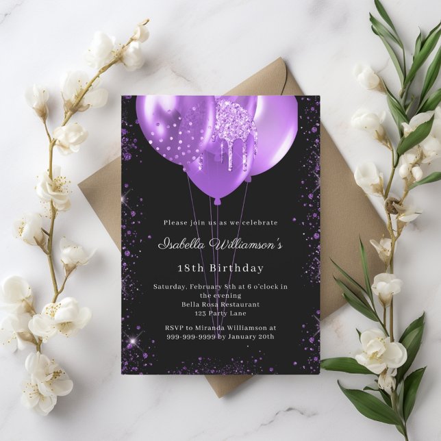 Black purple balloons birthday  einladungspostkarte (Von Creator hochgeladen)