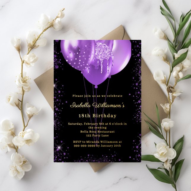 Black purple balloons birthday gold folieneinladung (Von Creator hochgeladen)