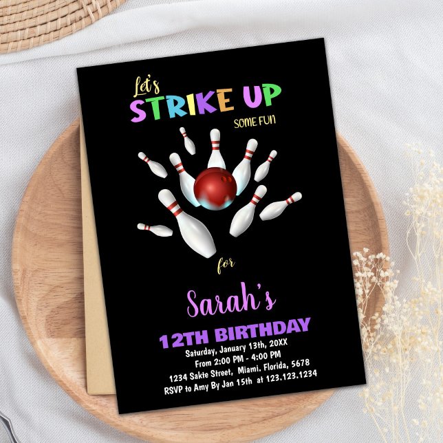 Black Purple Bowling Invitations d'anniversaire (Black Purple Bowling Birthday Invitations)