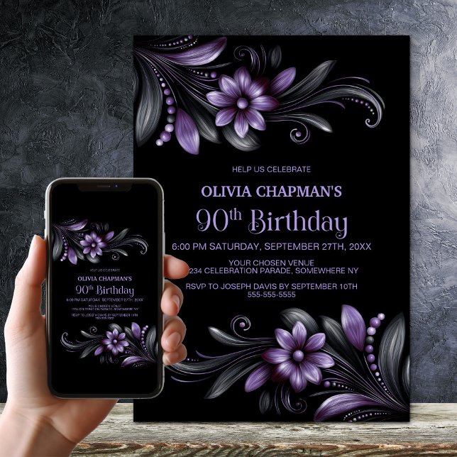 Black Purple Floral 90th Birthday Party Einladung (Von Creator hochgeladen)