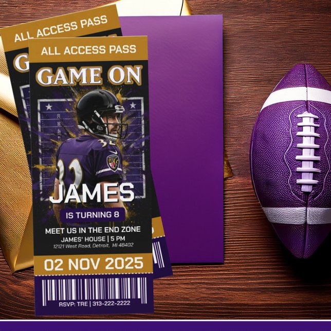 Black & Purple Football Ticket Birthday Invitation (Créateur téléchargé)