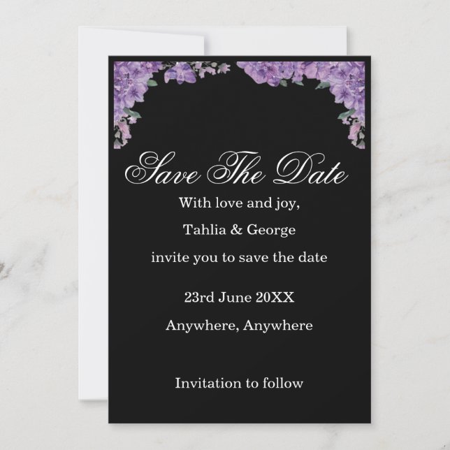 Black & Purple Jacaranda Flowers Save the Date  Einladung (Vorderseite)