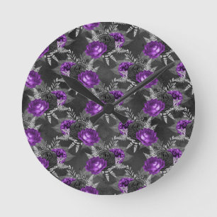 Black Purple Rose Elegant Silver Leaves Garden Runde Wanduhr