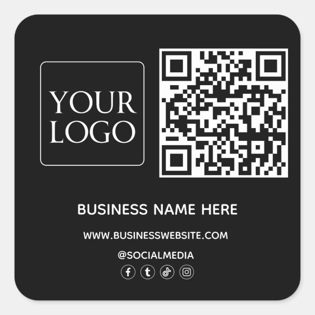 Black QR Code Business-Logo-Website Social Media Quadratischer Aufkleber (Vorderseite)