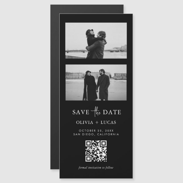 Black QR Code Foto Strip Magnetic Wedding Magnetkarte (Vorne/Hinten)