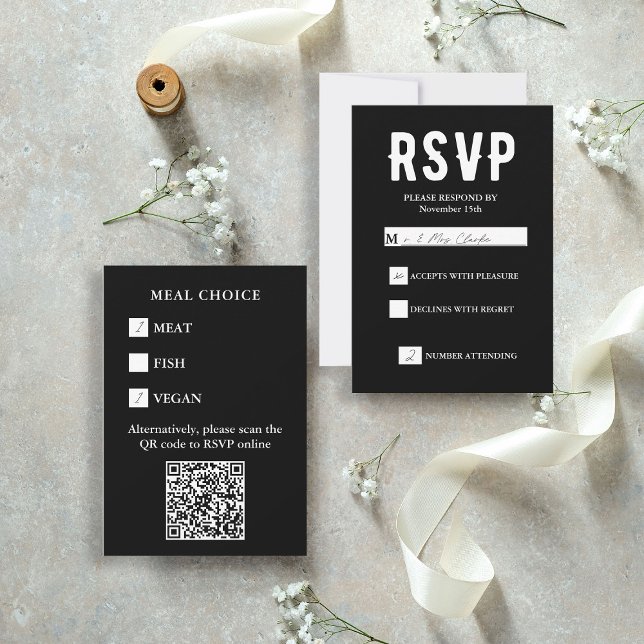 Black QR Code Meal Choice Wedding  RSVP Karte (Black QR Code Meal Choice Wedding RSVP Card
)