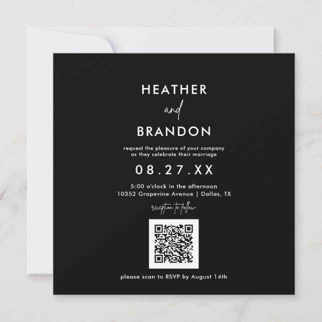 Black QR Code Wedding Square Einladung (Vorderseite)