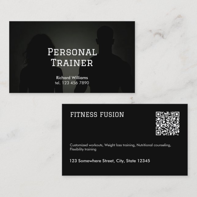 Black QR Fitness Personal Trainer Visitenkarte (Vorne/Hinten)