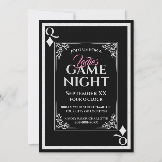 Black Queen of Diamonds Ladys Game Night Einladung (Vorderseite)