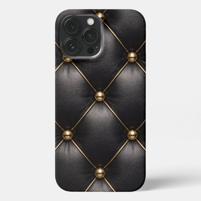 Black Quilted Leather & Gold Studs Phone Case iPhone 13 Pro Max Hülle (Rückseite)