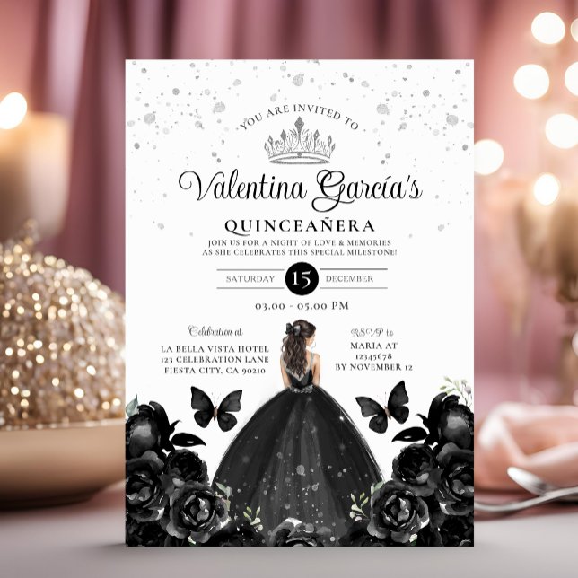 Black Quinceañera 15 Anos Blume Silberner Glitzer Einladung (Von Creator hochgeladen)