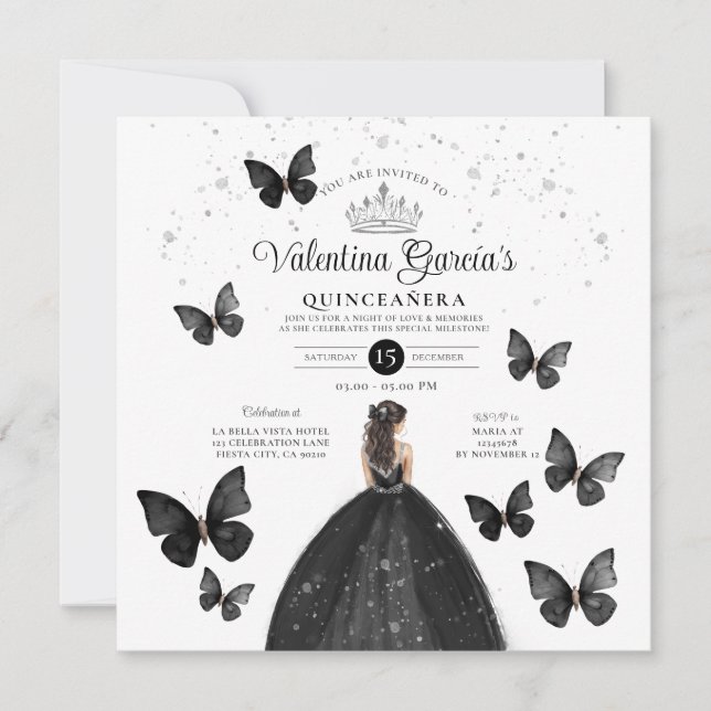 Black Quinceañera 15 Anos Buttefly Silberner Glitz Einladung (Vorderseite)