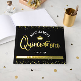 Black Quinceañera Kronskript Bold Real Gold Foil Gästebuch
