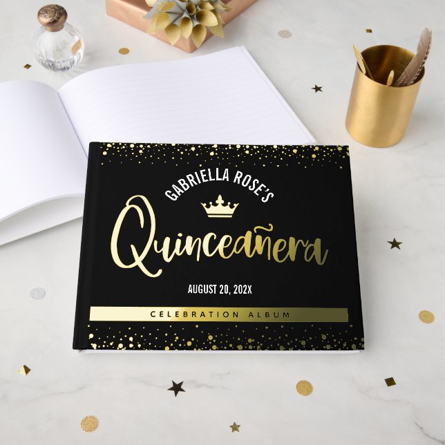Black Quinceañera Kronskript Bold Real Gold Foil Gästebuch (Vorderseite offen)