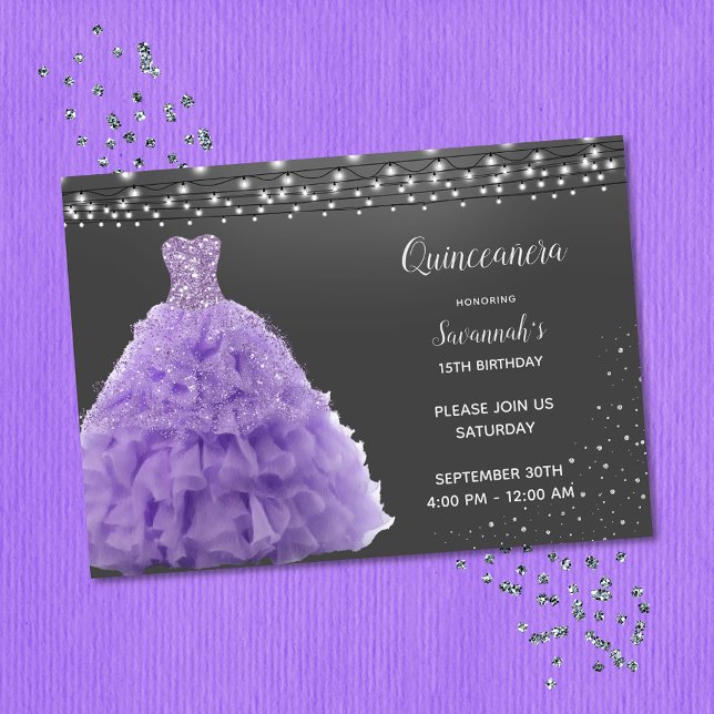 Black Quinceanera Princess Lavender Gown Lights Einladung (Von Creator hochgeladen)