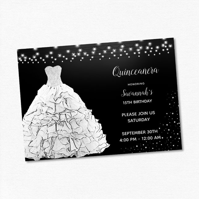 Black Quinceanera Princess White Gown Lights Einladung (Von Creator hochgeladen)