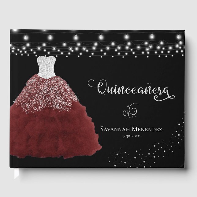 Black Quinceanera Red Gown Silver Lights Foto Gästebuch (Vorderseite)
