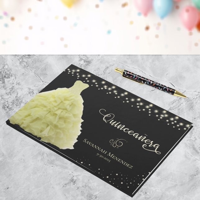 Black Quinceanera Yellow Goights Lights Foto Gästebuch (Von Creator hochgeladen)