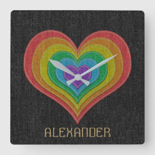 Black Rainbow Denim Jeans 6 Herz, kundenspezifisch Quadratische Wanduhr