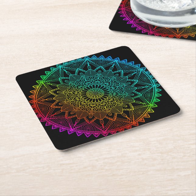 Black Rainbow Mandala Rechteckiger Pappuntersetzer (angewinkelt)