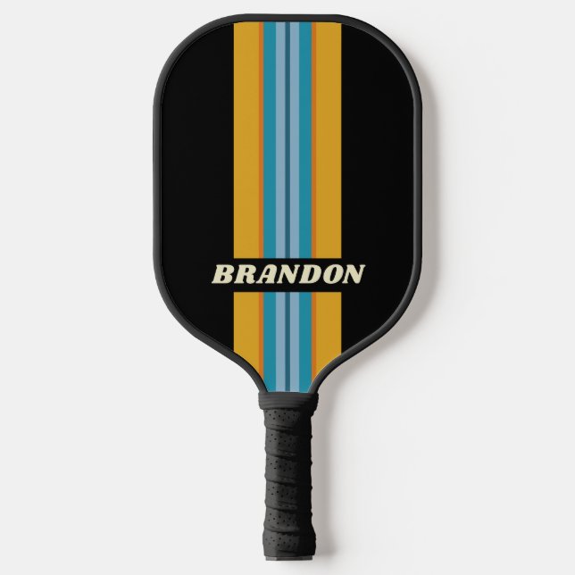Black Rainbow Rally Stripe with Name Pickleball Schläger (Vorderseite)