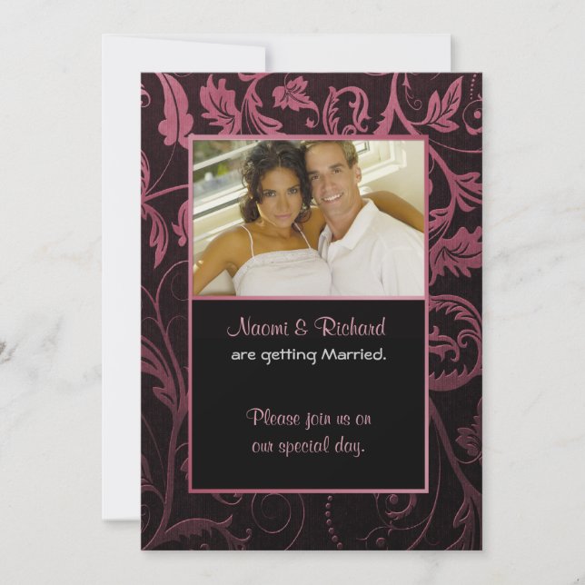 Black & Raspberry Damask Photo Invitation (Devant)