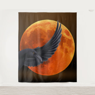 Black Raven and Blood Red Moon Tapestry Wandteppich