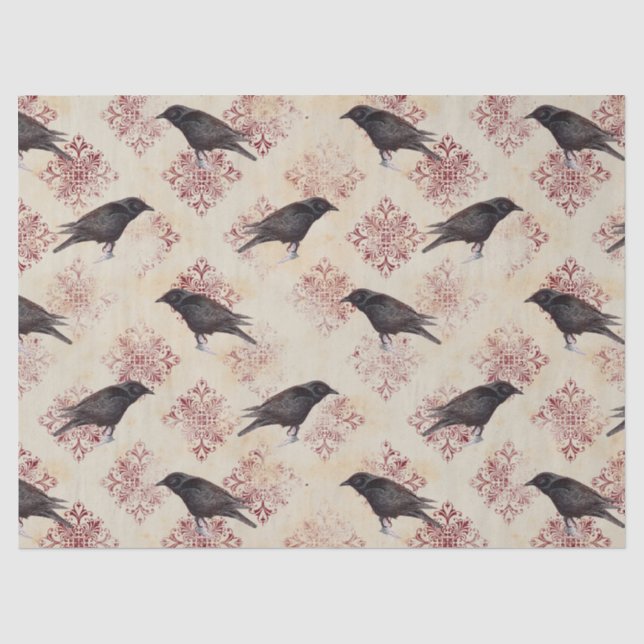 Black Raven and Burgundy Damask Decoupage Seidenpapier (Vorderseite)