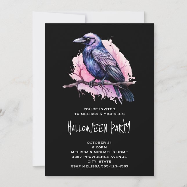 Black Raven auf einem Zweigbild Halloween Einladung (Vorderseite)