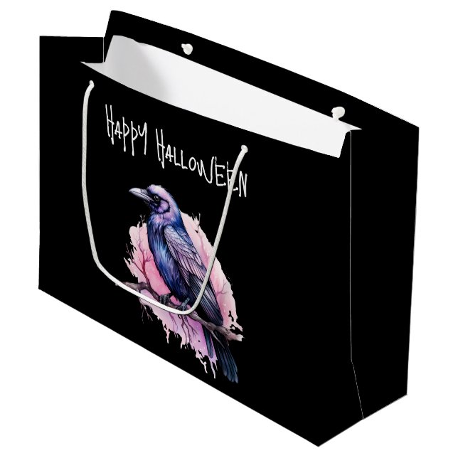 Black Raven auf einem Zweigbild Halloween Große Geschenktüte (Vorderseite Schrägansicht)