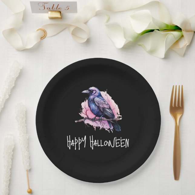 Black Raven auf einem Zweigbild Halloween Pappteller (Hochzeit)