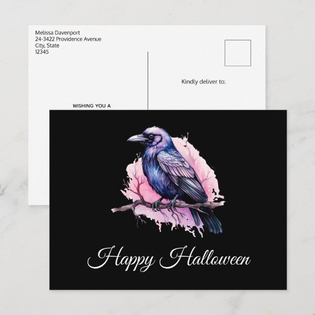 Black Raven auf einem Zweigbild Halloween Postkarte (Vorne/Hinten)