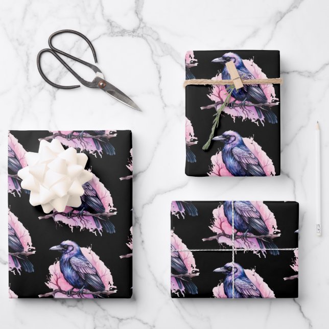 Black Raven auf einem Zweigmuster Geschenkpapier Set (Vorderseite)