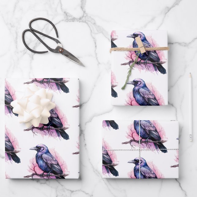 Black Raven auf einem Zweigmuster Geschenkpapier Set (Vorderseite)