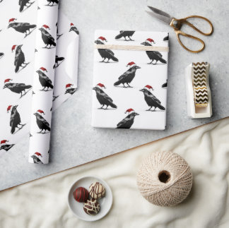 Black raven crow with red santa hat pattern geschenkpapier
