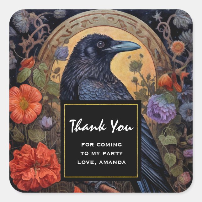 Black Raven Dark Gothic Party Vielen Dank Quadratischer Aufkleber (Vorderseite)