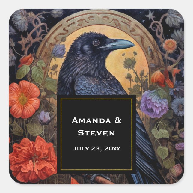Black Raven Dark Gothic Wedding Quadratischer Aufkleber (Vorderseite)