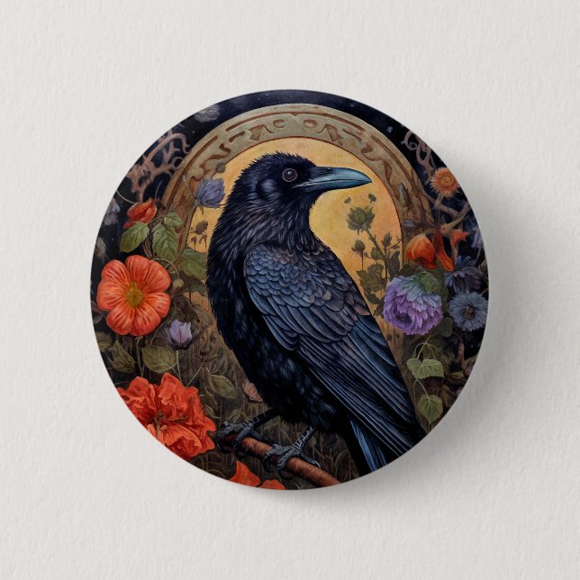 Black Raven mit Blume Gothic Design Button (Vorderseite)