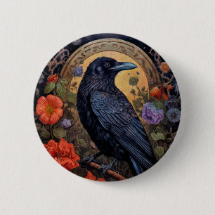 Black Raven mit Blume Gothic Design Button
