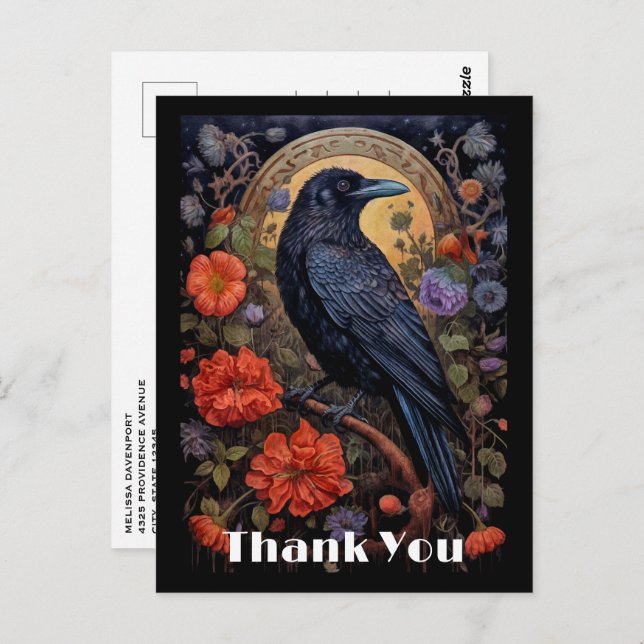 Black Raven mit Blume Gothic Design Danke Postkarte (Vorne/Hinten)