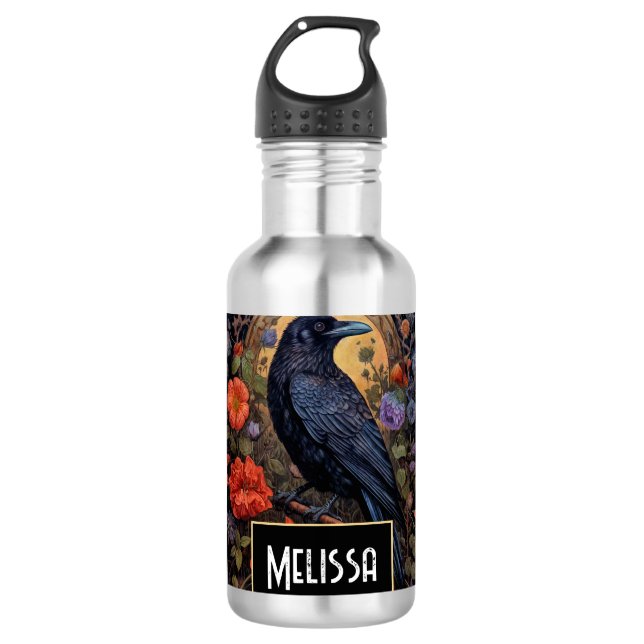 Black Raven mit Blume Gothic Design Edelstahlflasche (Vorderseite)