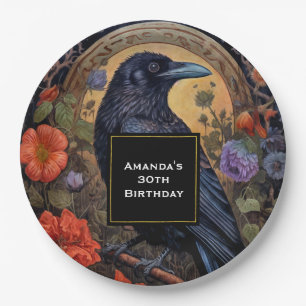 Black Raven mit Blume Gothic Design Geburtstag Pappteller