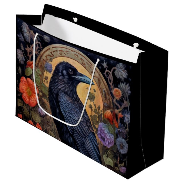 Black Raven mit Blume Gothic Design Große Geschenktüte (Vorderseite Schrägansicht)