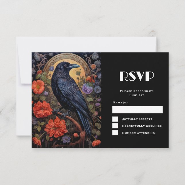 Black Raven mit Blume Gothic Design Hochzeit RSVP Karte (Vorderseite)