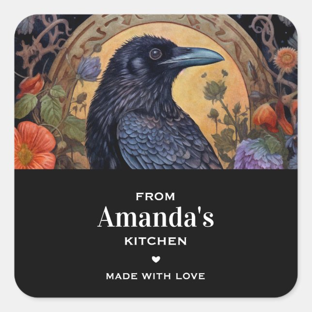 Black Raven mit Blume Gothic Design Küche Quadratischer Aufkleber (Vorderseite)