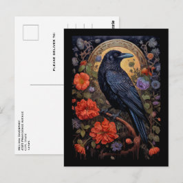Black Raven mit Blume Gothic Design Postkarte