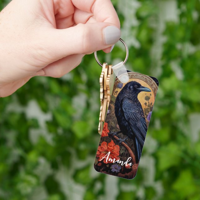 Black Raven mit Blume Gothic Design Schlüsselanhänger (Hand)